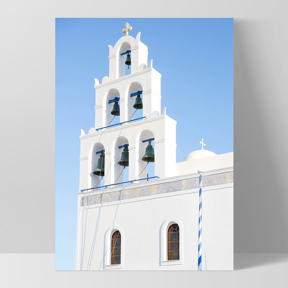 Santorini Blue Dome Church Bells - Art Print by Victoria's Stories, Poster, Stretched Canvas, or Framed Wall Art Print, shown as a stretched canvas or poster without a frame