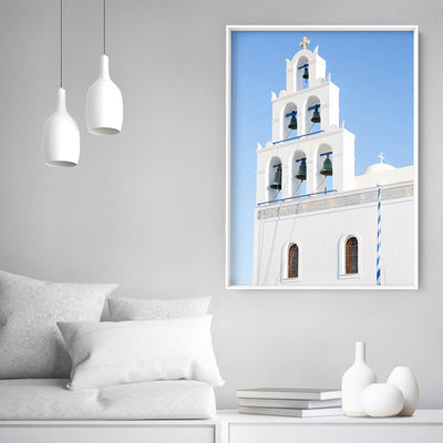 Santorini Blue Dome Church Bells - Art Print by Victoria's Stories, Poster, Stretched Canvas or Framed Wall Art, shown framed in a room