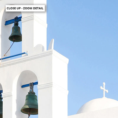 Santorini Blue Dome Church Bells - Art Print by Victoria's Stories, Poster, Stretched Canvas or Framed Wall Art, Close up View of Print Resolution