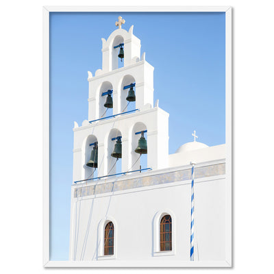 Santorini Blue Dome Church Bells - Art Print by Victoria's Stories, Poster, Stretched Canvas, or Framed Wall Art Print, shown in a white frame