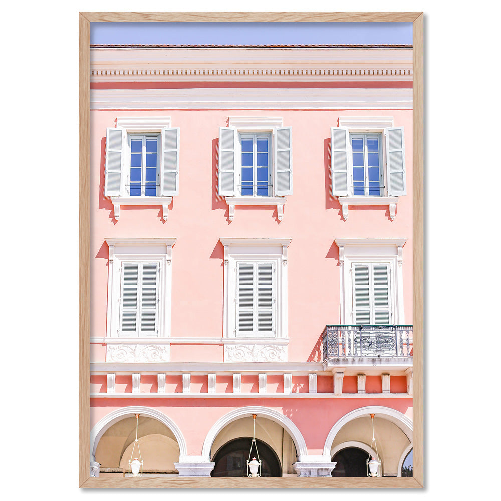 Pretty Pink Hotel France I - Art Print by Victoria's Stories, Poster, Stretched Canvas, or Framed Wall Art Print, shown in a natural timber frame