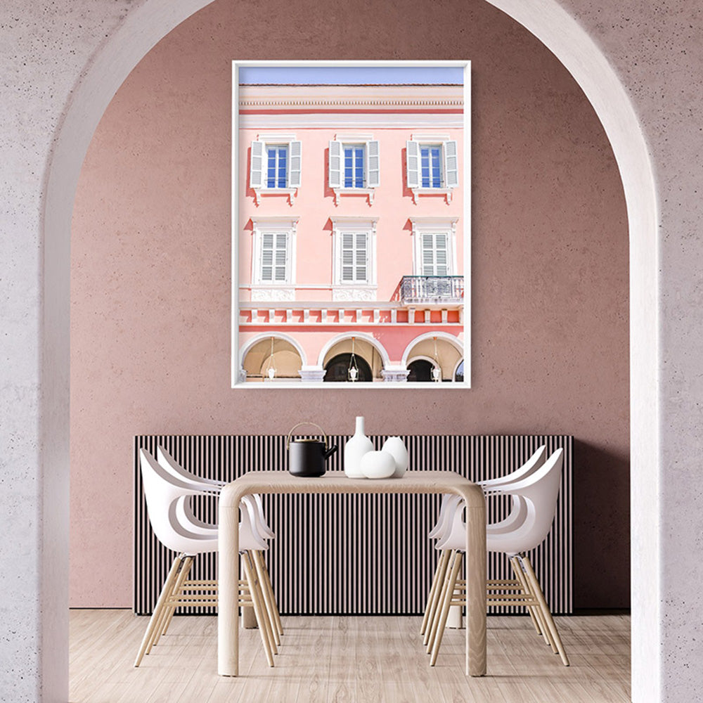 Pretty Pink Hotel France I - Art Print by Victoria's Stories, Poster, Stretched Canvas or Framed Wall Art, shown framed in a room