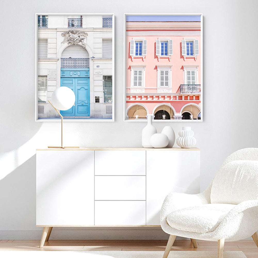 Pretty Pink Hotel France I - Art Print by Victoria's Stories, Poster, Stretched Canvas or Framed Wall Art, shown framed in a home interior space