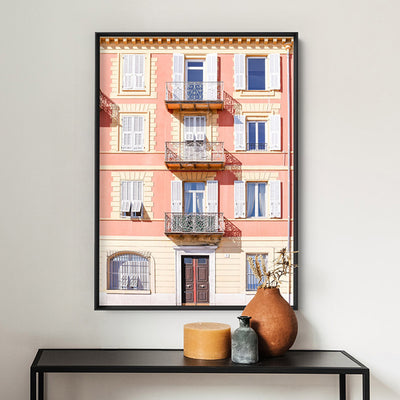 Pretty Pink Hotel France II - Art Print by Victoria's Stories, Poster, Stretched Canvas or Framed Wall Art, shown framed in a room