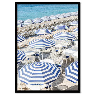 Amalfi Seaside Umbrellas I - Art Print by Victoria's Stories, Poster, Stretched Canvas, or Framed Wall Art Print, shown in a black frame