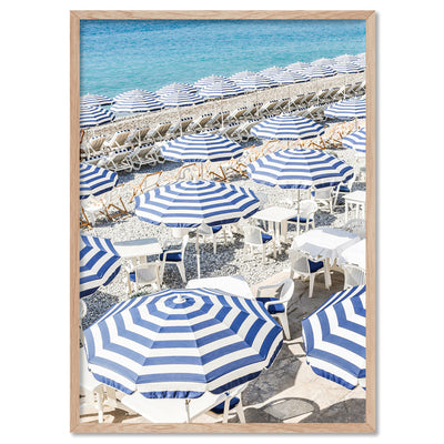 Amalfi Seaside Umbrellas I - Art Print by Victoria's Stories, Poster, Stretched Canvas, or Framed Wall Art Print, shown in a natural timber frame