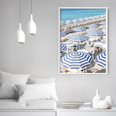 Amalfi Seaside Umbrellas I - Art Print by Victoria's Stories, Poster, Stretched Canvas or Framed Wall Art, shown framed in a room