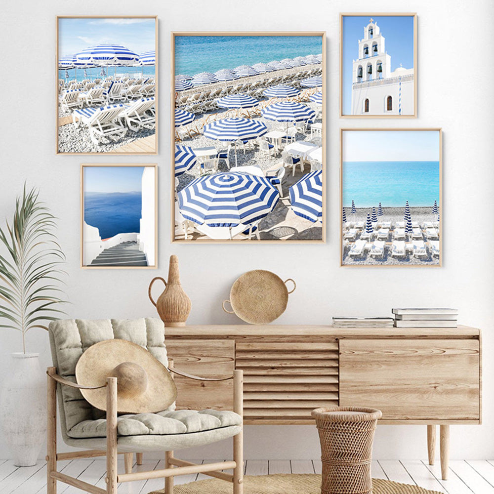 Amalfi Seaside Umbrellas I - Art Print by Victoria's Stories, Poster, Stretched Canvas or Framed Wall Art, shown framed in a home interior space
