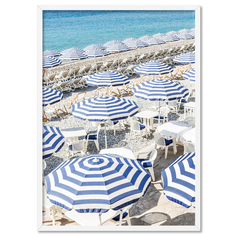 Amalfi Seaside Umbrellas I - Art Print by Victoria's Stories, Poster, Stretched Canvas, or Framed Wall Art Print, shown in a white frame