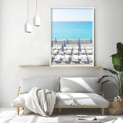 Amalfi Seaside Umbrellas II - Art Print by Victoria's Stories, Poster, Stretched Canvas or Framed Wall Art, shown framed in a room