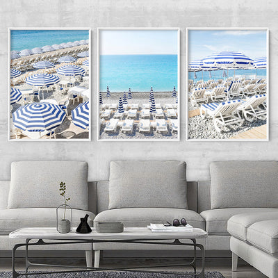 Amalfi Seaside Umbrellas II - Art Print by Victoria's Stories, Poster, Stretched Canvas or Framed Wall Art, shown framed in a home interior space