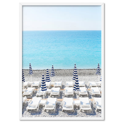 Amalfi Seaside Umbrellas II - Art Print by Victoria's Stories, Poster, Stretched Canvas, or Framed Wall Art Print, shown in a white frame