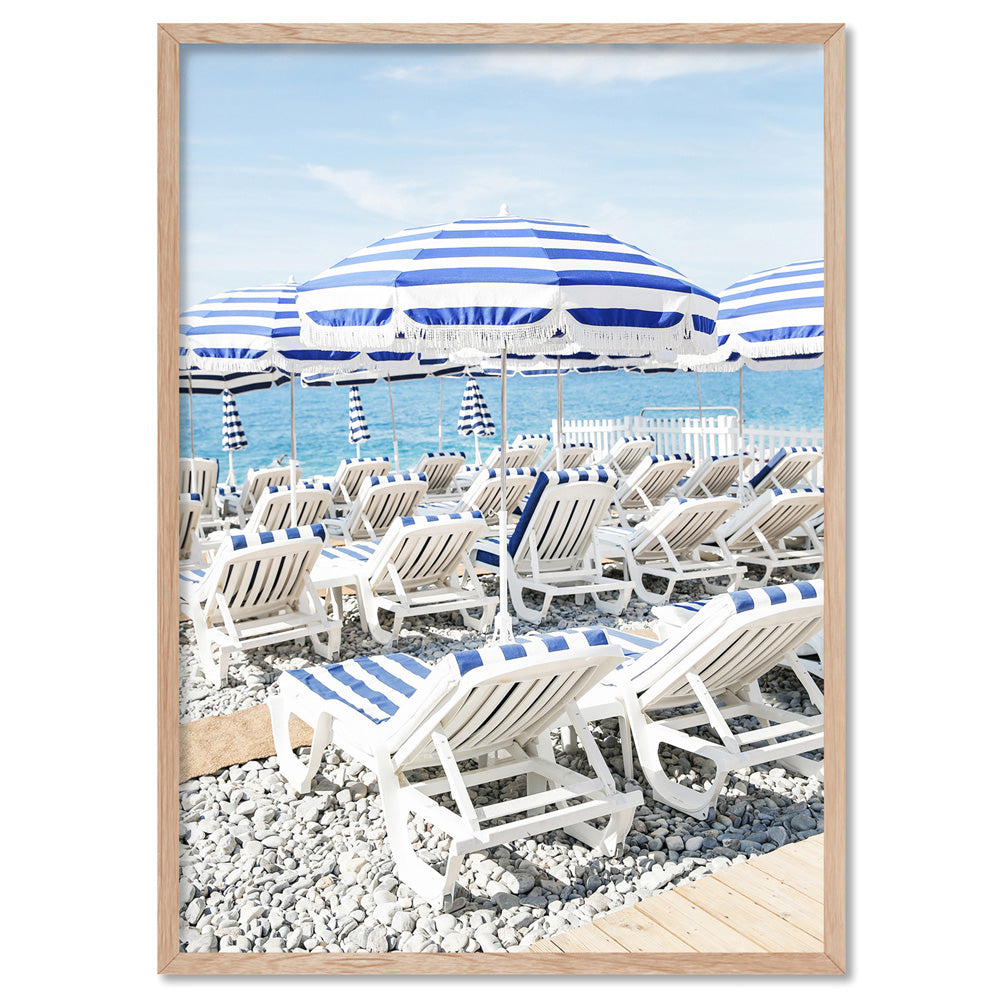 Amalfi Seaside Umbrellas III - Art Print by Victoria's Stories, Poster, Stretched Canvas, or Framed Wall Art Print, shown in a natural timber frame