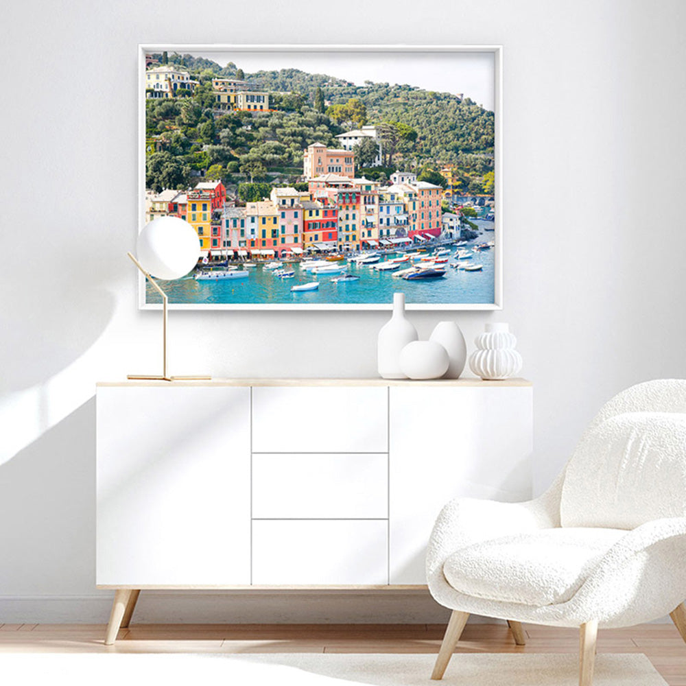Positano Cliffside Views II - Art Print by Victoria's Stories, Poster, Stretched Canvas or Framed Wall Art, shown framed in a room