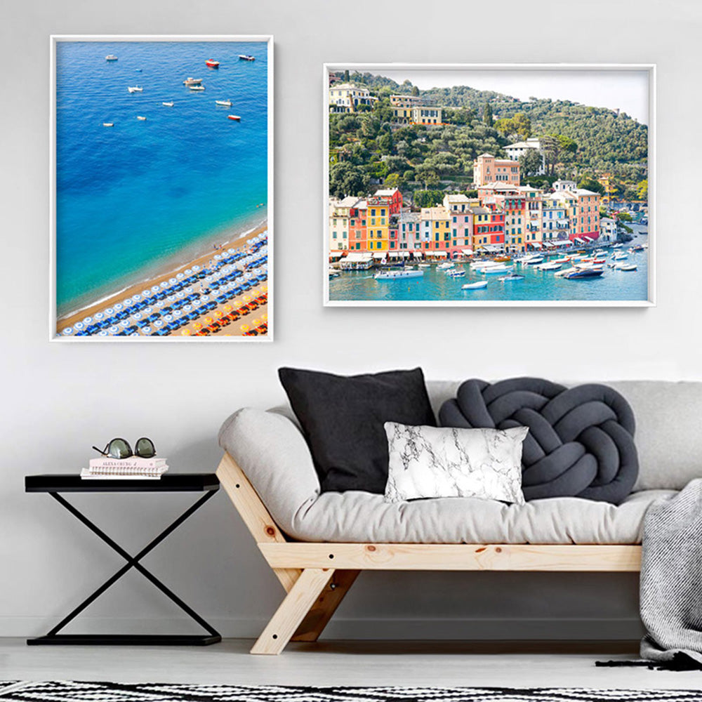 Positano Cliffside Views II - Art Print by Victoria's Stories, Poster, Stretched Canvas or Framed Wall Art, shown framed in a home interior space