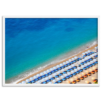 Positano Beach View II - Art Print by Victoria's Stories, Poster, Stretched Canvas, or Framed Wall Art Print, shown in a white frame