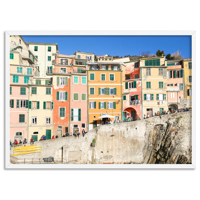 Colourful houses of Cinque Terre II - Art Print by Victoria's Stories, Poster, Stretched Canvas, or Framed Wall Art Print, shown in a white frame