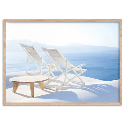 Santorini Lounge View - Art Print by Victoria's Stories, Poster, Stretched Canvas, or Framed Wall Art Print, shown in a natural timber frame
