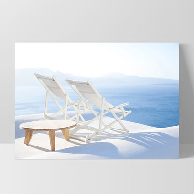 Santorini Lounge View - Art Print by Victoria's Stories, Poster, Stretched Canvas, or Framed Wall Art Print, shown as a stretched canvas or poster without a frame