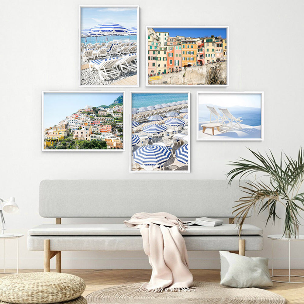 Santorini Lounge View - Art Print by Victoria's Stories, Poster, Stretched Canvas or Framed Wall Art, shown framed in a home interior space