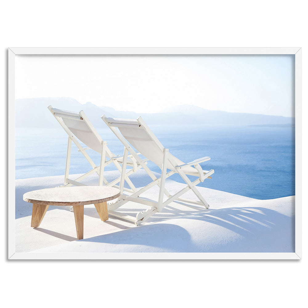 Santorini Lounge View - Art Print by Victoria's Stories, Poster, Stretched Canvas, or Framed Wall Art Print, shown in a white frame