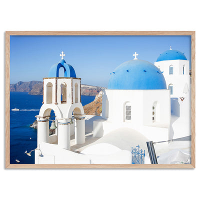 Santorini Blue Dome Church III - Art Print by Victoria's Stories, Poster, Stretched Canvas, or Framed Wall Art Print, shown in a natural timber frame