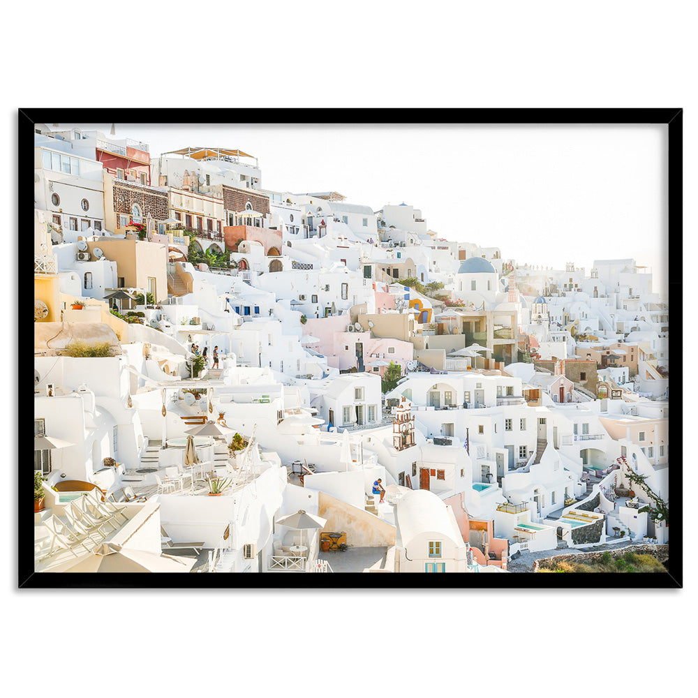 Pastel Santorini View II - Art Print by Victoria's Stories, Poster, Stretched Canvas, or Framed Wall Art Print, shown in a black frame