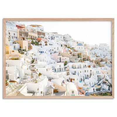 Pastel Santorini View II - Art Print by Victoria's Stories, Poster, Stretched Canvas, or Framed Wall Art Print, shown in a natural timber frame
