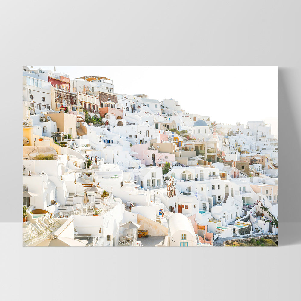 Pastel Santorini View II - Art Print by Victoria's Stories, Poster, Stretched Canvas, or Framed Wall Art Print, shown as a stretched canvas or poster without a frame