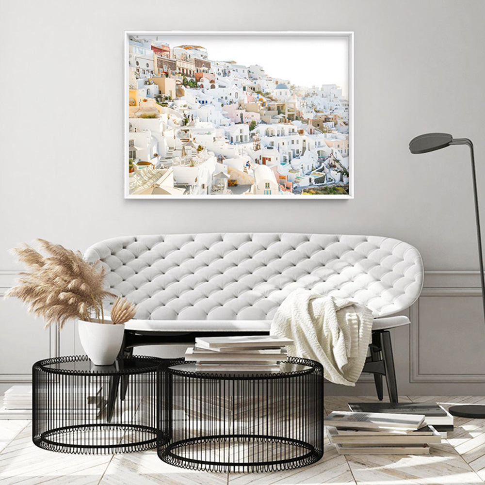 Pastel Santorini View II - Art Print by Victoria's Stories, Poster, Stretched Canvas or Framed Wall Art, shown framed in a room