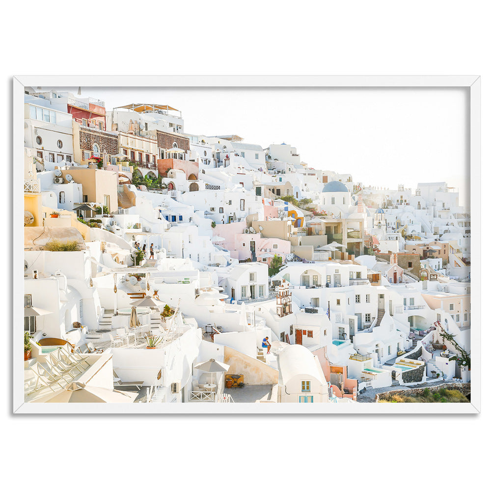 Pastel Santorini View II - Art Print by Victoria's Stories, Poster, Stretched Canvas, or Framed Wall Art Print, shown in a white frame
