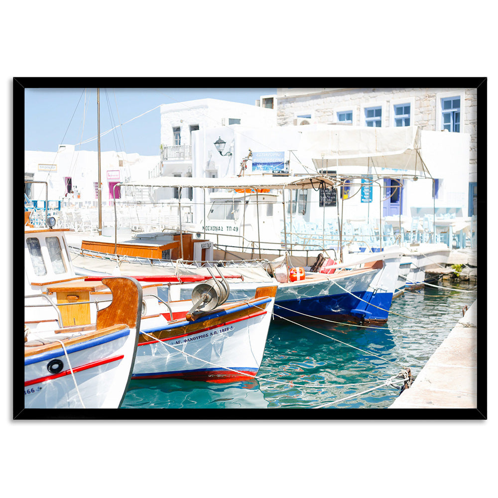 Greek Island Fishing Boats - Art Print by Victoria's Stories, Poster, Stretched Canvas, or Framed Wall Art Print, shown in a black frame