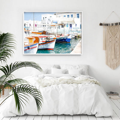 Greek Island Fishing Boats - Art Print by Victoria's Stories, Poster, Stretched Canvas or Framed Wall Art, shown framed in a room