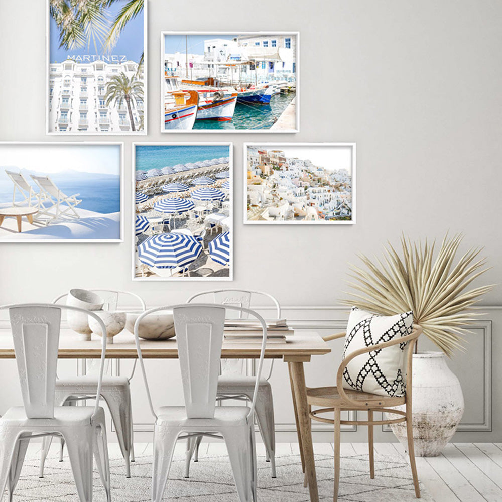 Greek Island Fishing Boats - Art Print by Victoria's Stories, Poster, Stretched Canvas or Framed Wall Art, shown framed in a home interior space