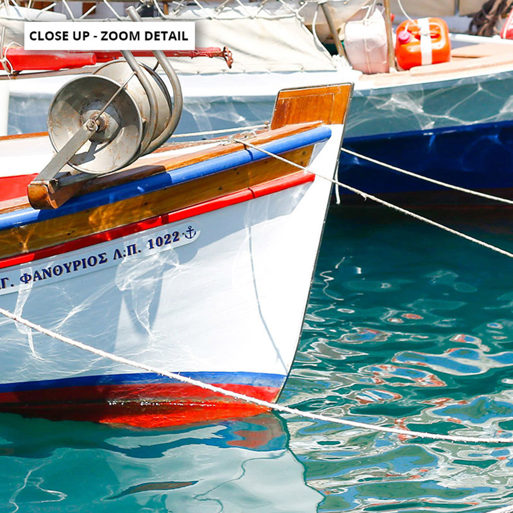 Greek Island Fishing Boats - Art Print by Victoria's Stories, Poster, Stretched Canvas or Framed Wall Art, Close up View of Print Resolution
