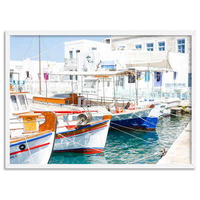 Greek Island Fishing Boats - Art Print by Victoria's Stories, Poster, Stretched Canvas, or Framed Wall Art Print, shown in a white frame
