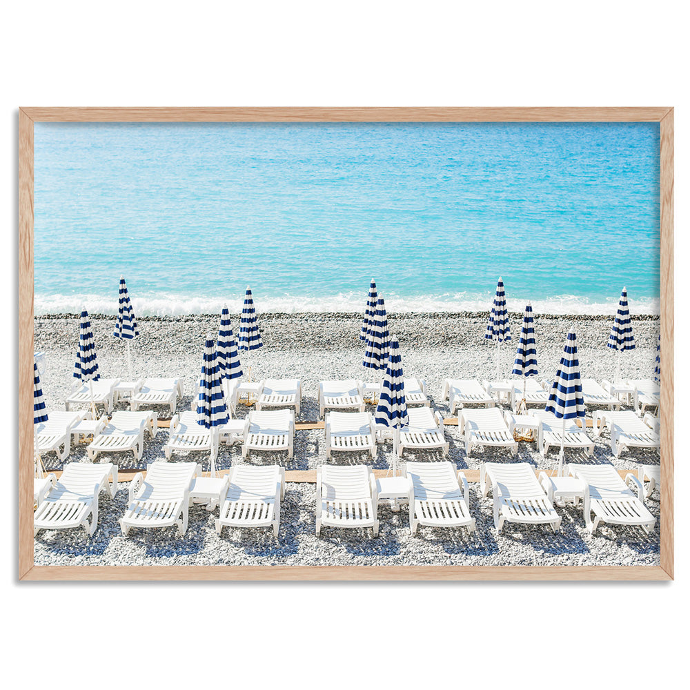 Amalfi Seaside Umbrellas IV - Art Print by Victoria's Stories, Poster, Stretched Canvas, or Framed Wall Art Print, shown in a natural timber frame