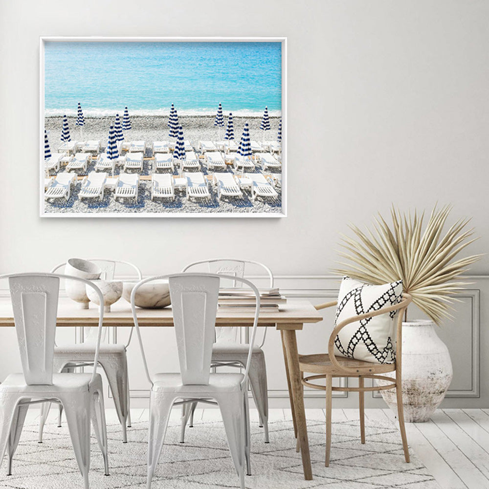 Amalfi Seaside Umbrellas IV - Art Print by Victoria's Stories, Poster, Stretched Canvas or Framed Wall Art, shown framed in a room