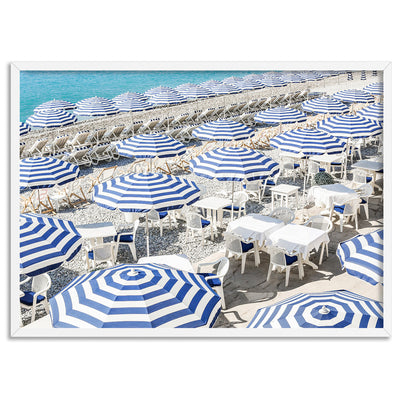 Amalfi Seaside Umbrellas V - Art Print by Victoria's Stories, Poster, Stretched Canvas, or Framed Wall Art Print, shown in a white frame