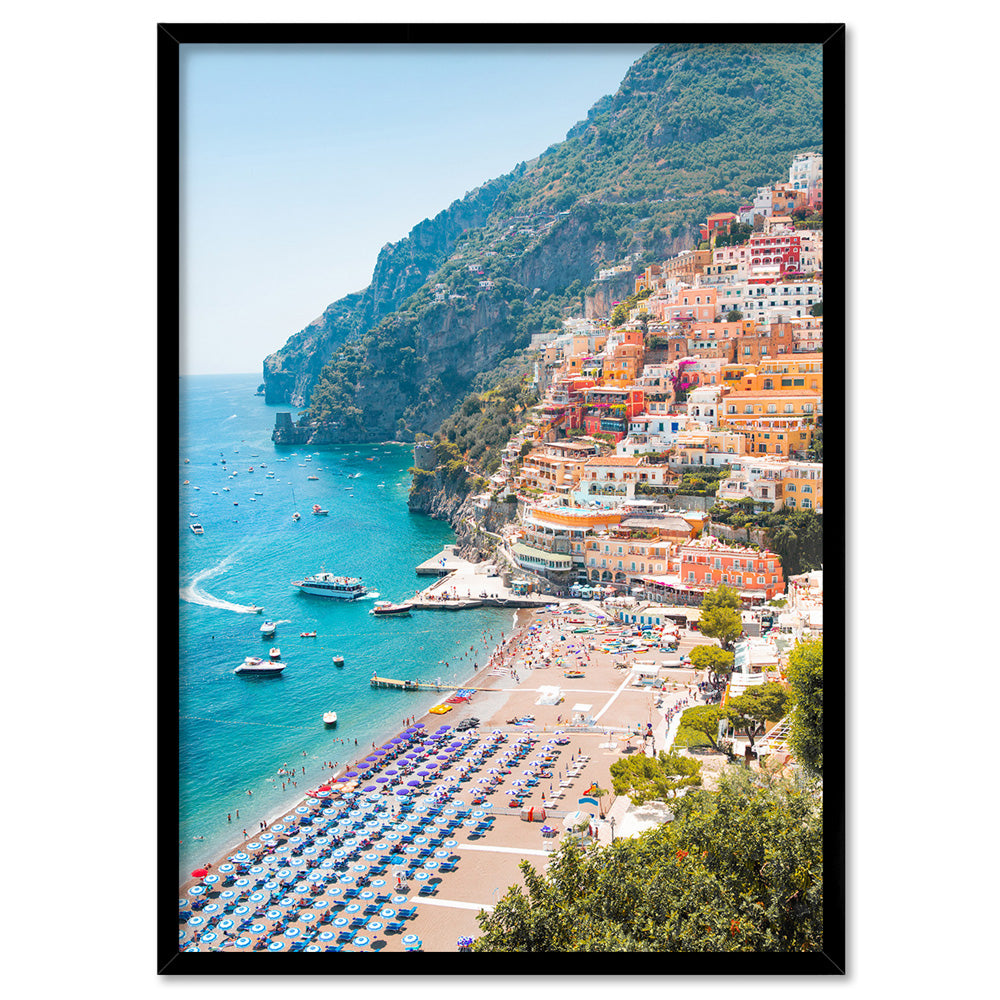 Amalfi Coast Positano View I - Art Print, Poster, Stretched Canvas, or Framed Wall Art Print, shown in a black frame
