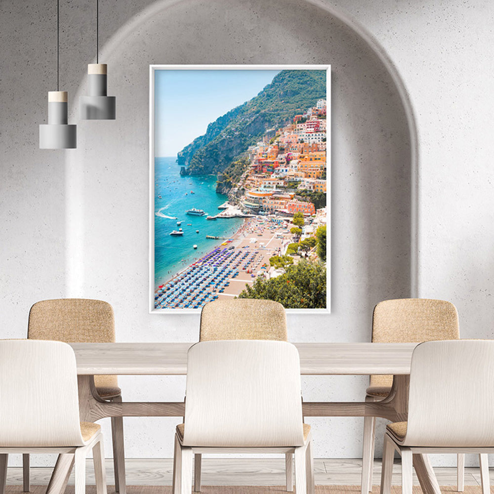 Amalfi Coast Positano View I - Art Print, Poster, Stretched Canvas or Framed Wall Art, shown framed in a room