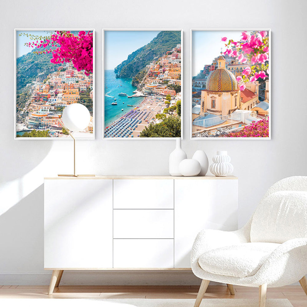 Amalfi Coast Positano View I - Art Print, Poster, Stretched Canvas or Framed Wall Art, shown framed in a home interior space