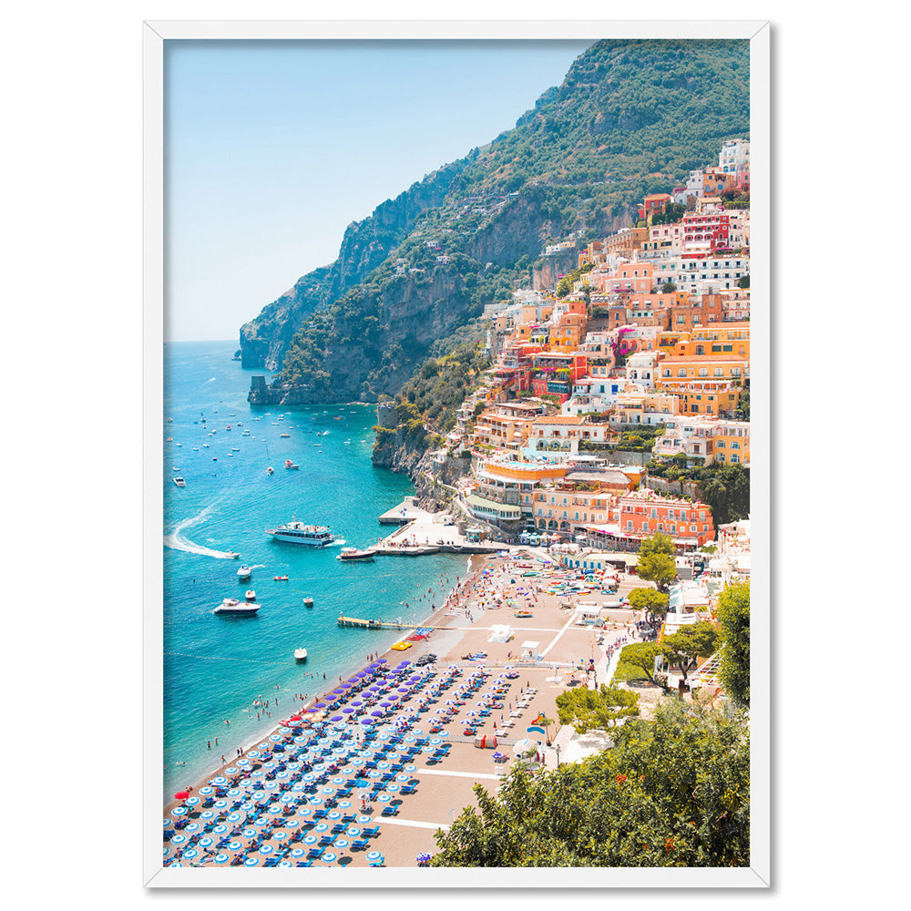 Amalfi Coast Positano View I - Art Print, Poster, Stretched Canvas, or Framed Wall Art Print, shown in a white frame