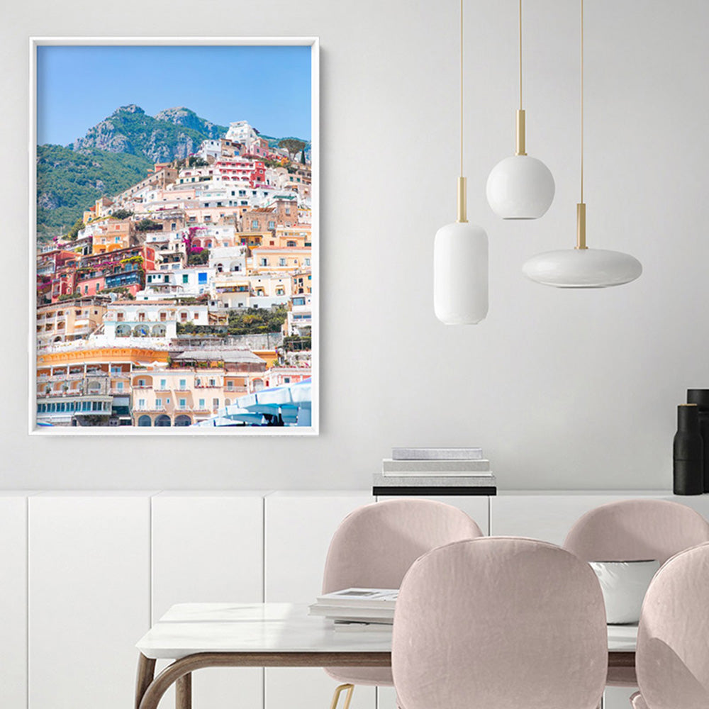 Positano Pastels II - Art Print, Poster, Stretched Canvas or Framed Wall Art, shown framed in a room