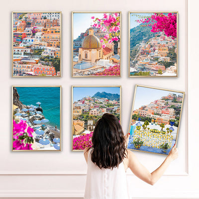 Positano Pastels II - Art Print, Poster, Stretched Canvas or Framed Wall Art, shown framed in a home interior space