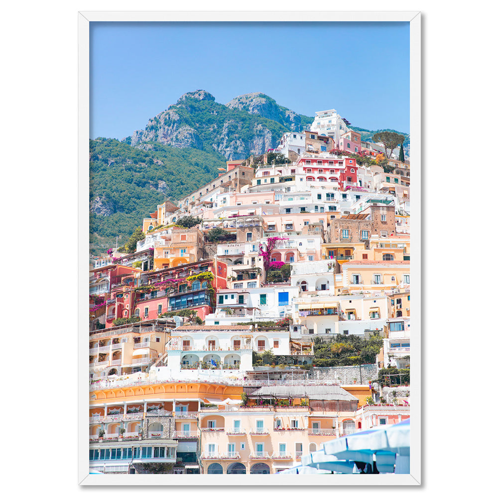 Positano Pastels II - Art Print, Poster, Stretched Canvas, or Framed Wall Art Print, shown in a white frame