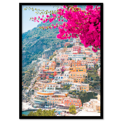 Positano Pretty Pink Cliffside - Art Print, Poster, Stretched Canvas, or Framed Wall Art Print, shown in a black frame