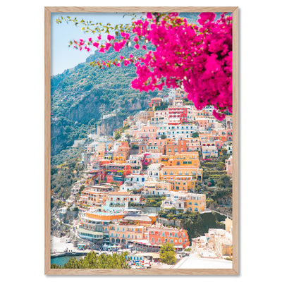 Positano Pretty Pink Cliffside - Art Print, Poster, Stretched Canvas, or Framed Wall Art Print, shown in a natural timber frame