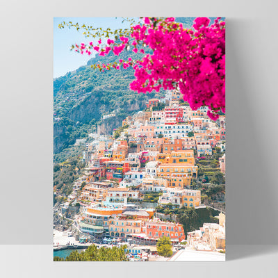 Positano Pretty Pink Cliffside - Art Print, Poster, Stretched Canvas, or Framed Wall Art Print, shown as a stretched canvas or poster without a frame