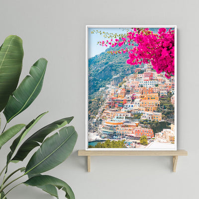 Positano Pretty Pink Cliffside - Art Print, Poster, Stretched Canvas or Framed Wall Art, shown framed in a room